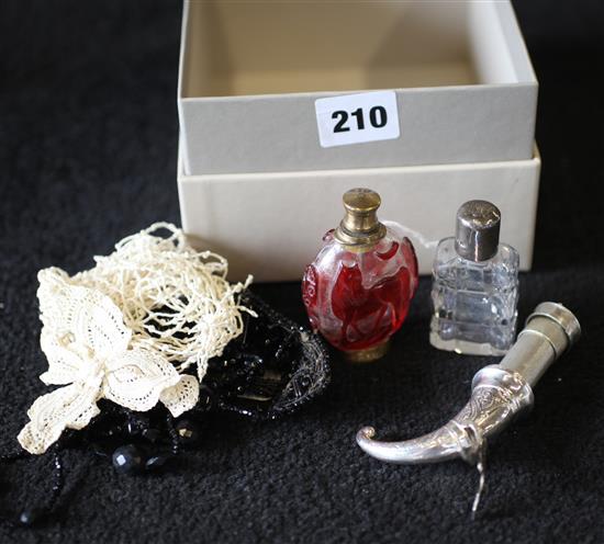 Chinese glass snuff bottle, a Norwegian horn condiment (now modified as a scent bottle) and three other items